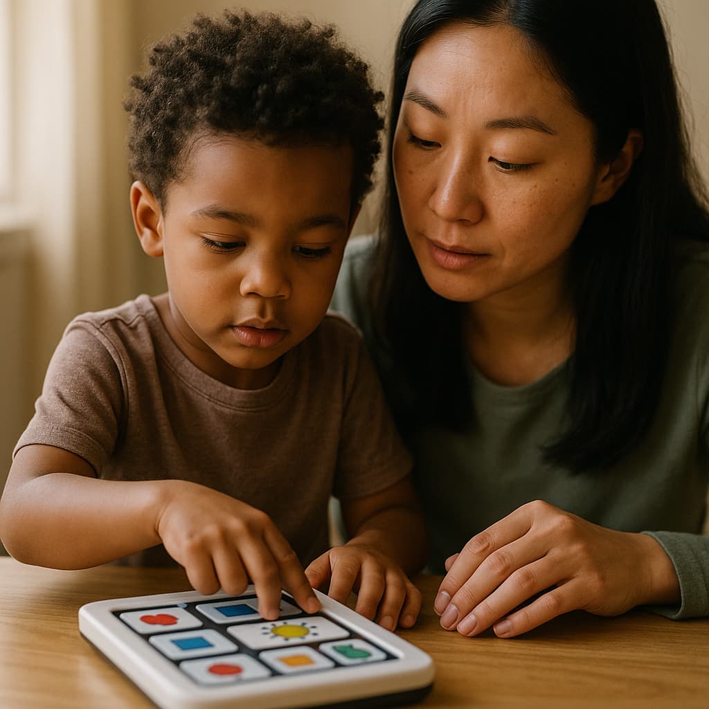 ABA therapist guiding a child through a communication exercise during an in-home session