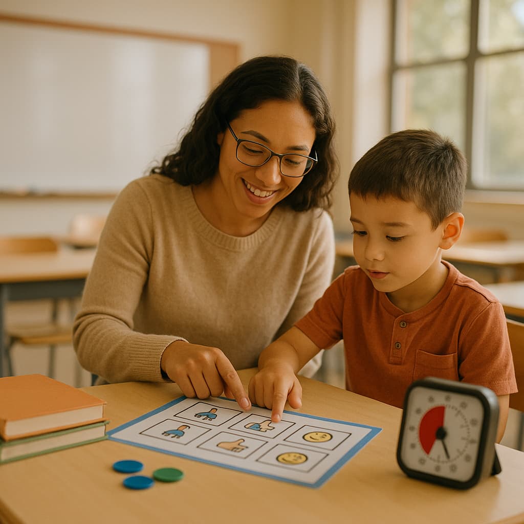 Behavior specialist supporting a student in a classroom alongside their teacher