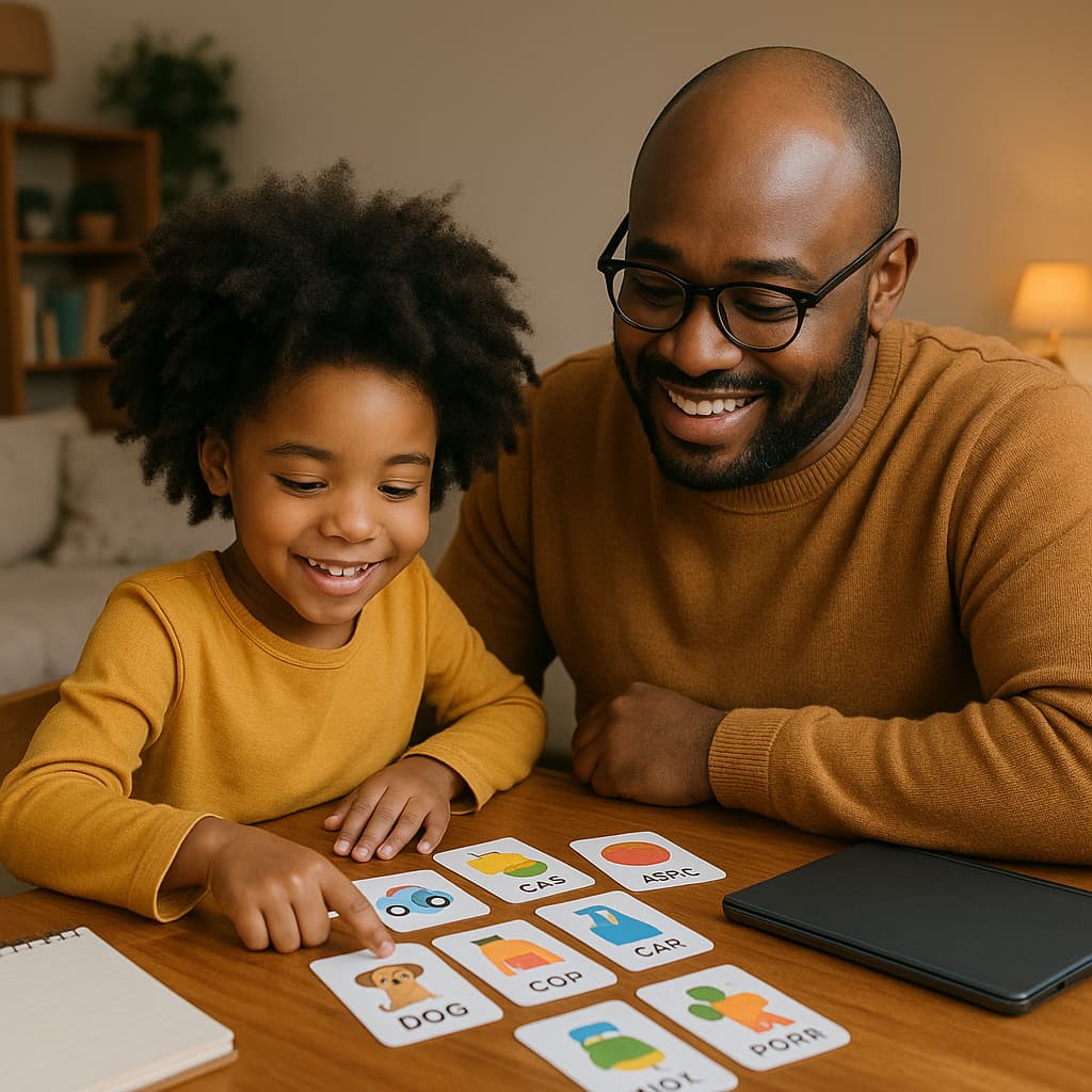 Parent and child learning together at home with an ABA therapy activity